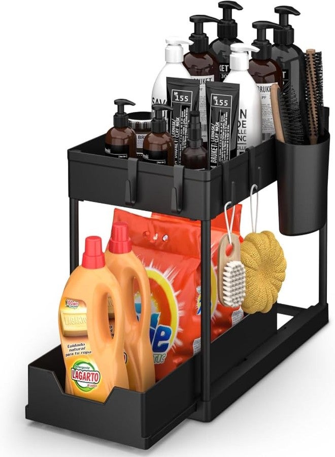 HIRNAYA 2 Tier Under Sink Storage Organizer with Hooks | Pull Out Cabinet Rack for Kitchen & Bathroom | Multi-Purpose Under Sink Storage Shelf for Kitchen Cabinets & Bathroom Counter - Image 1